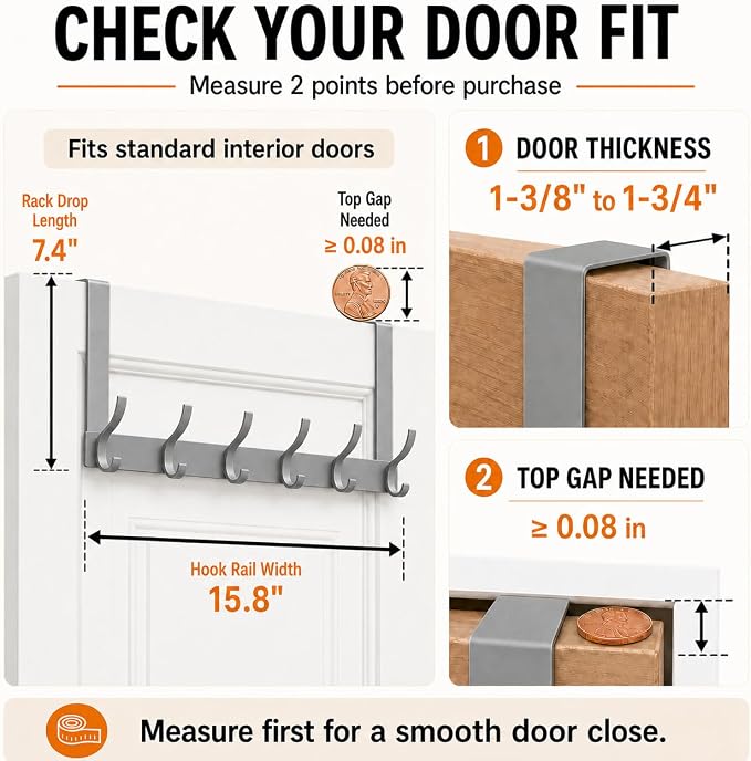 Peasulin Over The Door Hooks, 1 Pack Grey Door Hanger Rack | - Image 5