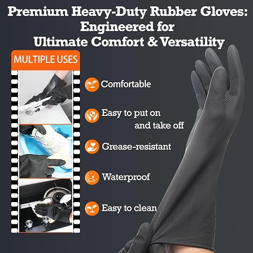 Heavy-Duty Thick Black Rubber Cleaning Gloves, 1 Pair, M | Reusable & - Image 5