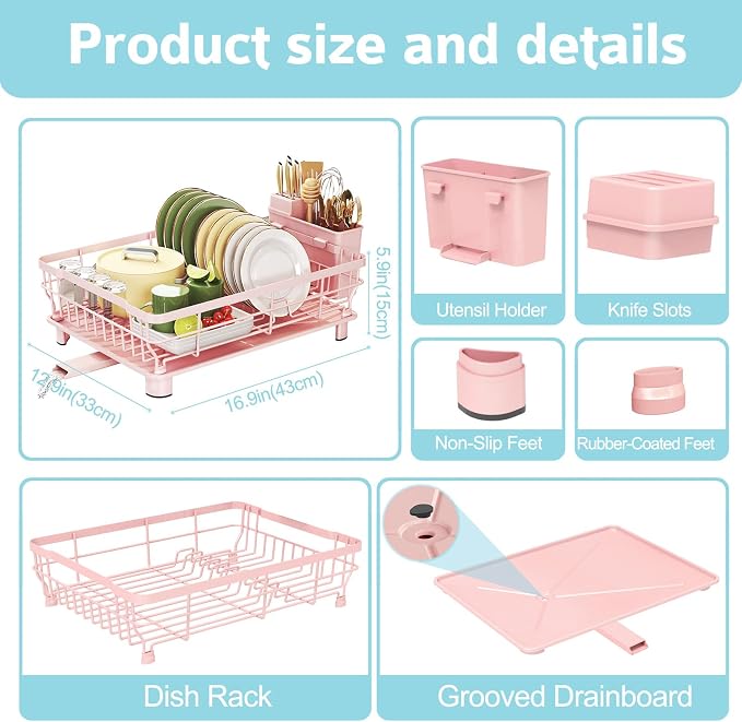 Dish Drying Rack for Kitchen Counter, 12.8" W x 16.9" L, Self-Draining - Image 6