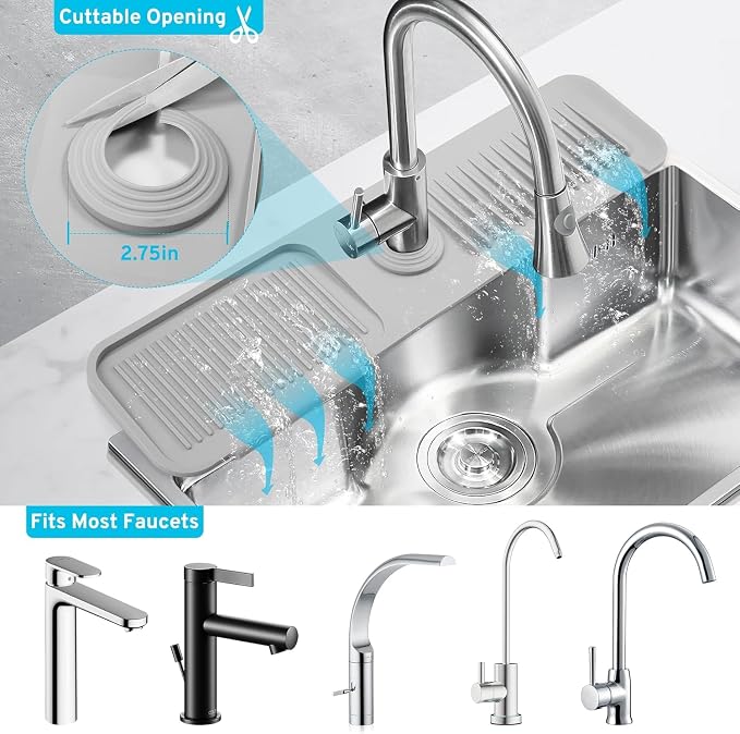 Faucet Mat For Kitchen Sink Silicone Splash Guard Mat, Snap On Cuttable Hole - Image 4