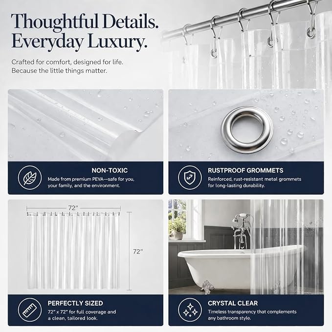 EHZNZIE Frosted Heavy Duty Shower Curtain Liner 72x72, PEVA Waterproof Bath - Image 6