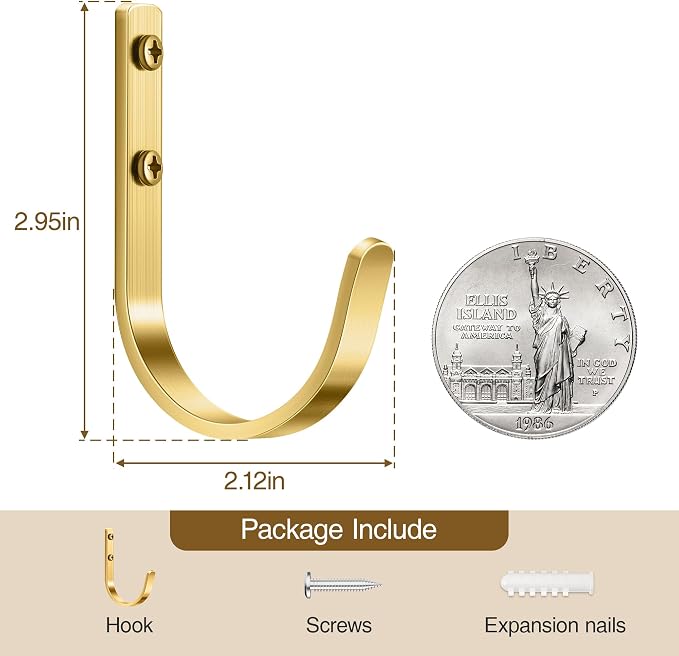 22LB Wall Hooks for Hanging Towel/Coat, Brushed Gold 5 Pack | Screw in Metal - Image 4