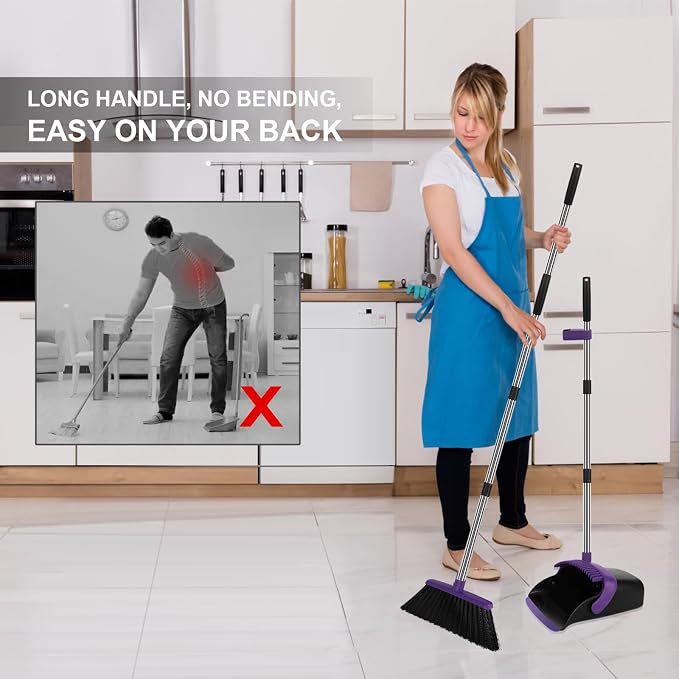 Purple Broom and Dustpan Combo Set, Extended Reach Design, Built-in Comb Dustpan - Image 3