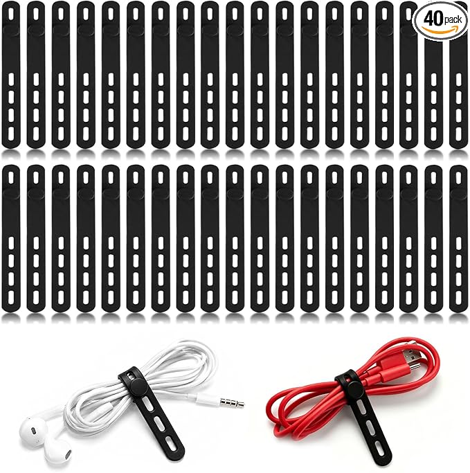 40 Pcs Black Silicone Cable Ties, Reusable Cable Straps Wire Organizer. | Cable by RUGLAMZHIP