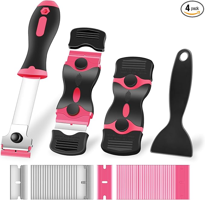 NECAMOCU 4 Pack Razor Blade Scraper, Includes 50 PCS Metal & Plastic Blades | by NECAMOCU