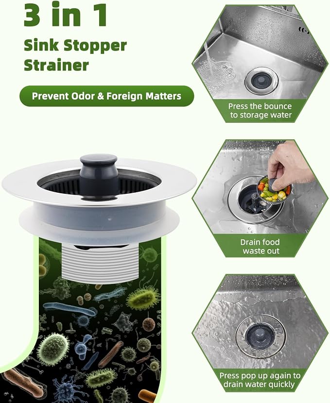 Universal 2PCS Kitchen Sink Strainer Stopper Combo, 3 in 1 Pop Up - Image 2