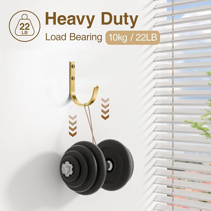 22LB Wall Hooks for Hanging Towel/Coat, Brushed Gold 5 Pack | Screw in Metal - Image 3