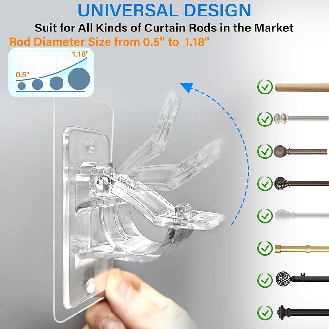 Antimbee 6-Pack No Drill Needed Curtain Rod Holders, Self Adhesive Rod Brackets - Image 2