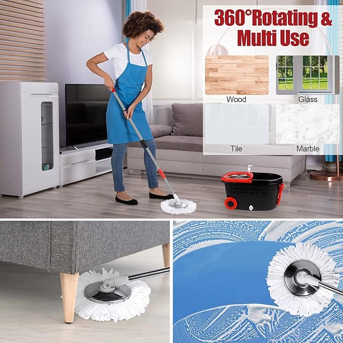 Spin Mop and Bucket with Wringer Set on Wheels, 3 Mop Refills - Image 6