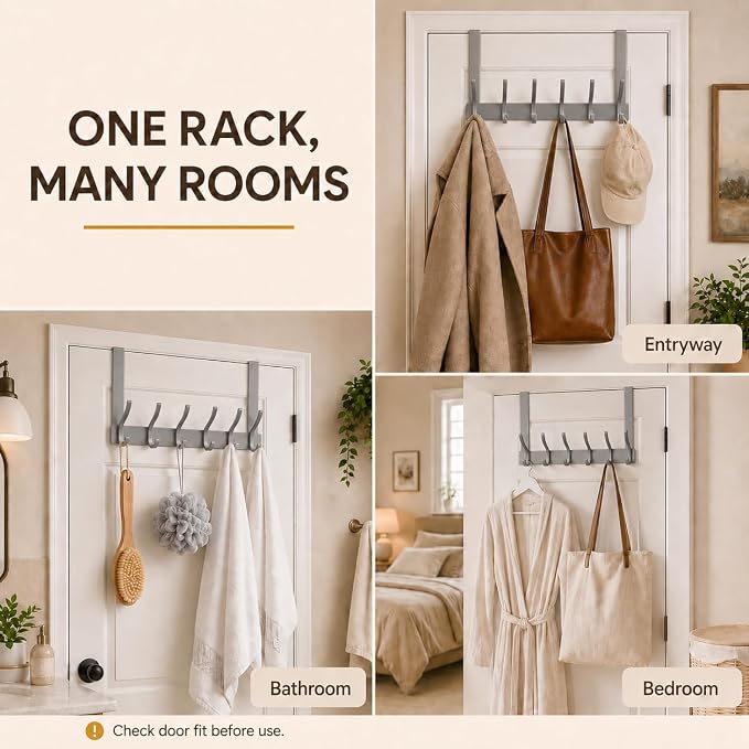 Peasulin Over The Door Hooks, 1 Pack Grey Door Hanger Rack | - Image 6