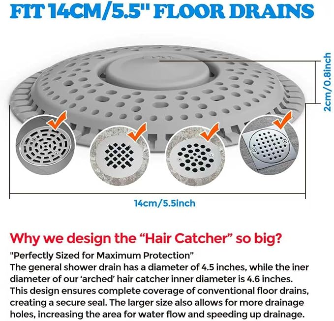 Shower Drain Hair Catcher Silicone Flat Floor Strainer Protector | 2 Pack Gray - Image 4