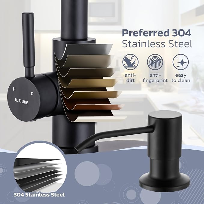 WEWE Kitchen Faucet with Soap Dispenser Set, Matte Black | 3-Mode Sprayer - Image 4