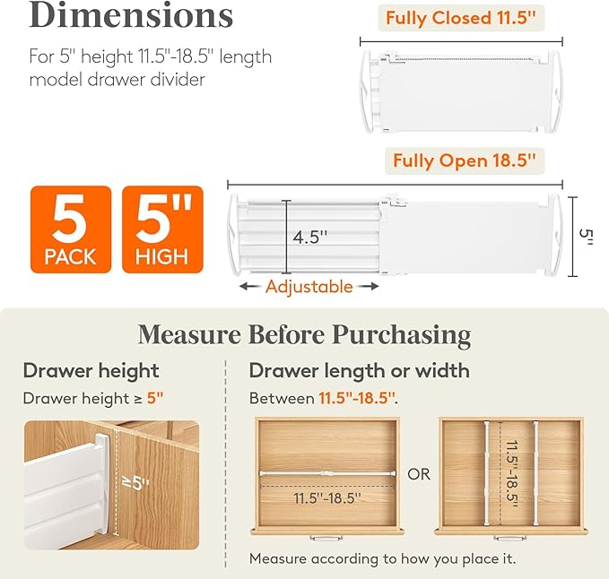 Lifewit 5" Tall Drawer Dividers, Adjustable Deep Drawer Organizer Clothes | 5 - Image 2