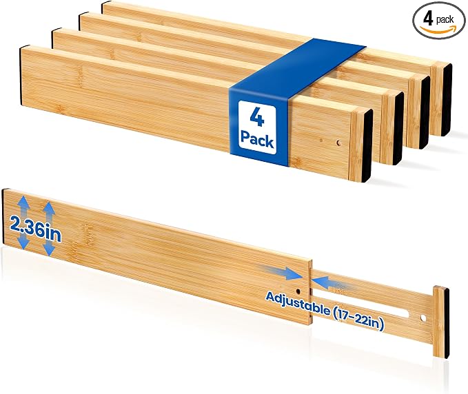 4 Pack 2.36" Bamboo Drawer Dividers, 17-22" Expandable Kitchen Organizers | by LeaforyHome