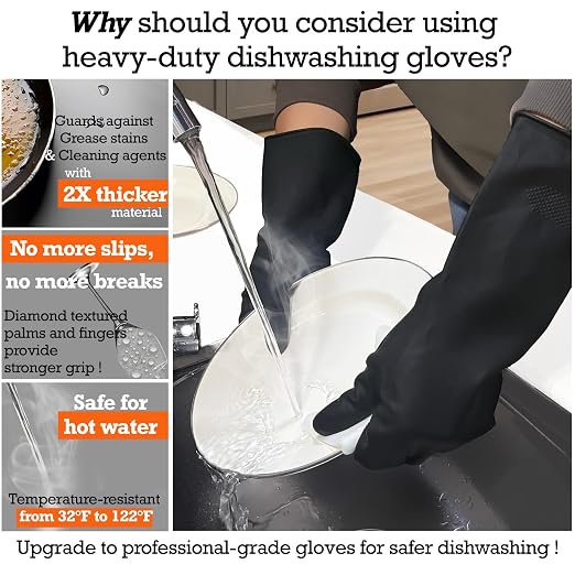 Heavy-Duty Thick Black Rubber Cleaning Gloves, 3 Pairs, XL | Reusable & - Image 2
