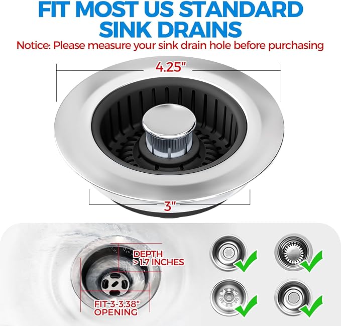zaa 3 in 1 Kitchen Sink Drain Strainer Stopper Removable Basket Pop-Up - Image 7