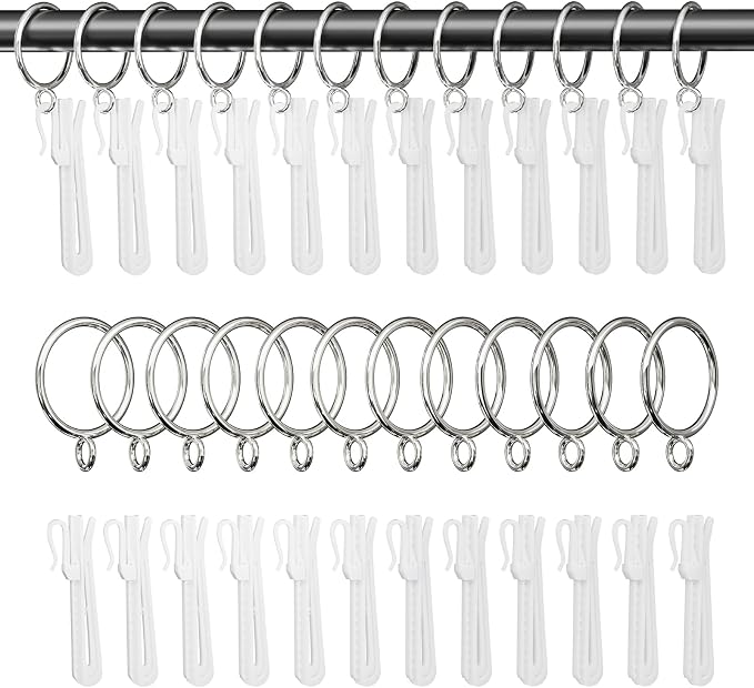 1.25 Inch Curtain Rings with Hooks, 24 Pack Silver Metal Drapery Rings with by GASRONS