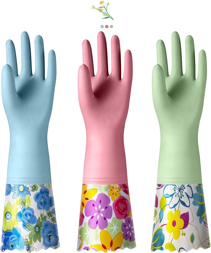 KAQ 3 Pairs Dishwashing Cleaning Gloves, Reusable Long Rubber Gloves by KAQ