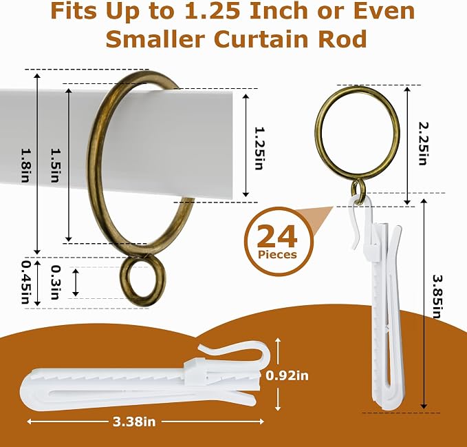 1.5 Inch Curtain Rings with Hooks, 24 Pack Bronze Metal Drapery Rings with Pins - Image 2