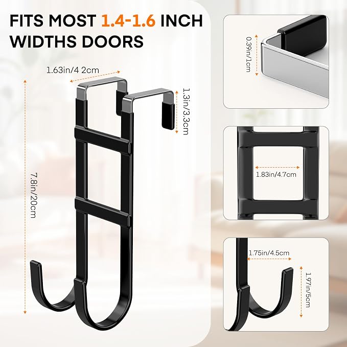 FYY Over the Door Hooks, Double-Hanger 2 Pack, Fits Doors 1.6" Black | Heavy - Image 2