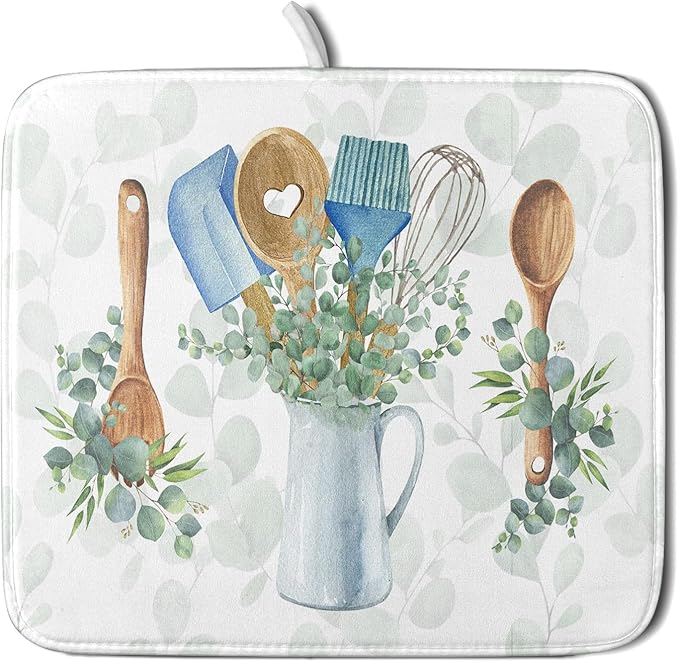 Sage Green Dish Drying Mat for Kitchen Counter, Cooking Supplies Reversible by Giwawa