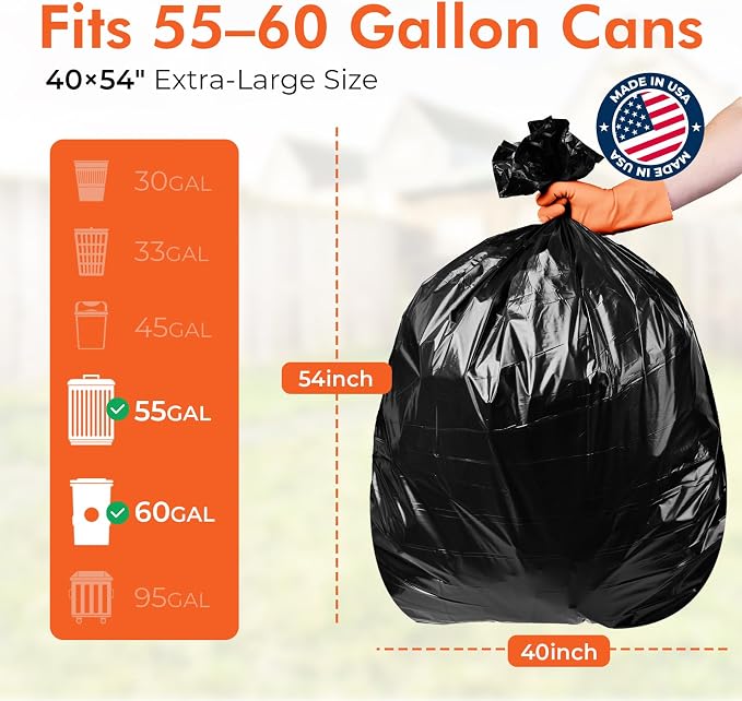 Delxo 55-60 Gallon Trash Bags, 40×54'' Large Black Garbage Bags | - Image 2