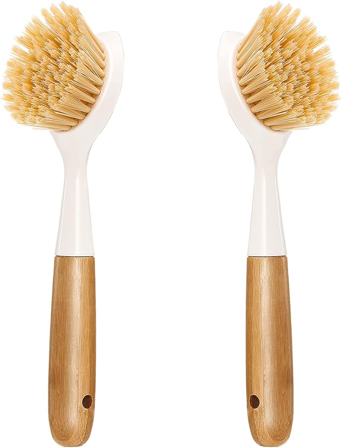 2 Pack Kitchen Dish Brush Bamboo Handle Dish Scrubber Built-in Scraper | Scrub by Songtaste