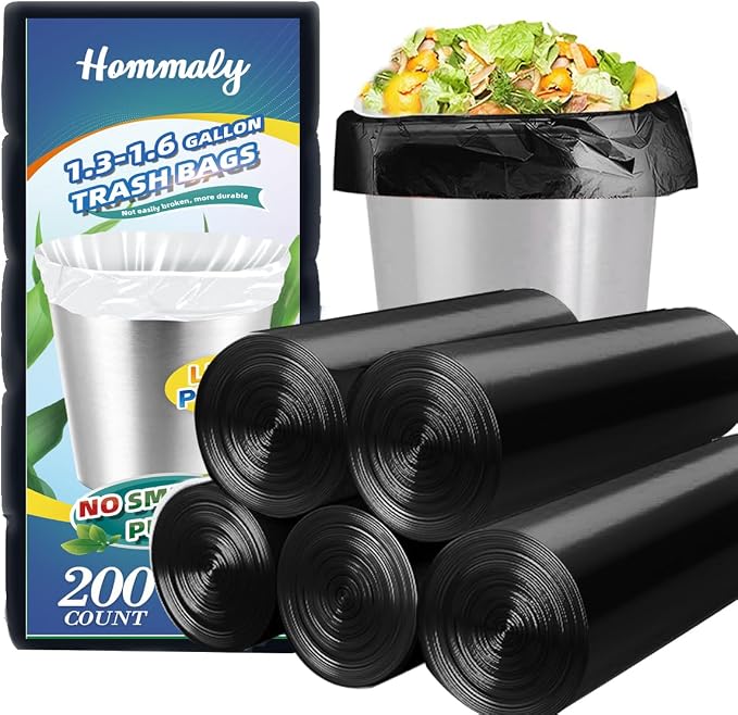 Hommaly 1.5 Gallon 200 pcs Small Black Trash Bags, Strong 1.3 Gallon 1.5 Gallon by HOMMALY