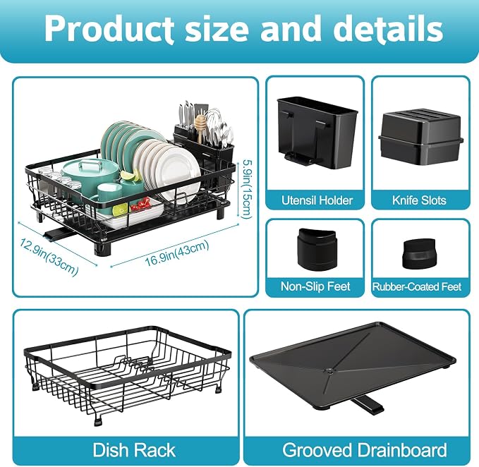 Dish Drying Rack for Kitchen Counter, 12.8" W x 16.9" L, Self-Draining - Image 6