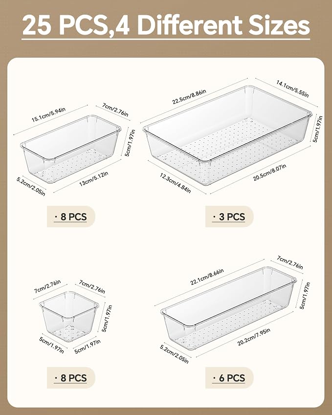 KEMETHY 25 PCS Plastic Drawer Organizers Set, 4 Sizes Vanity Organizer | Makeup - Image 2