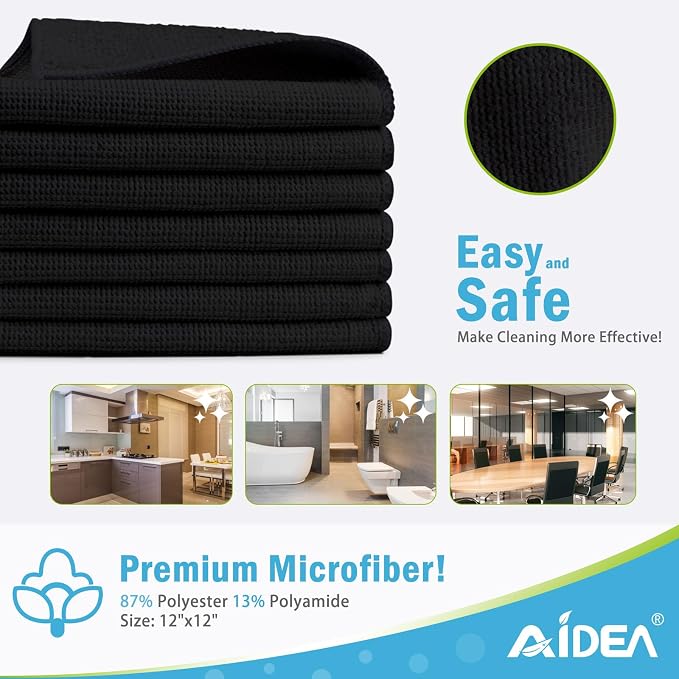 AIDEA Black Microfiber Cleaning Cloth-12PK, Absorbent Cleaning Rags 12"x12" | - Image 2