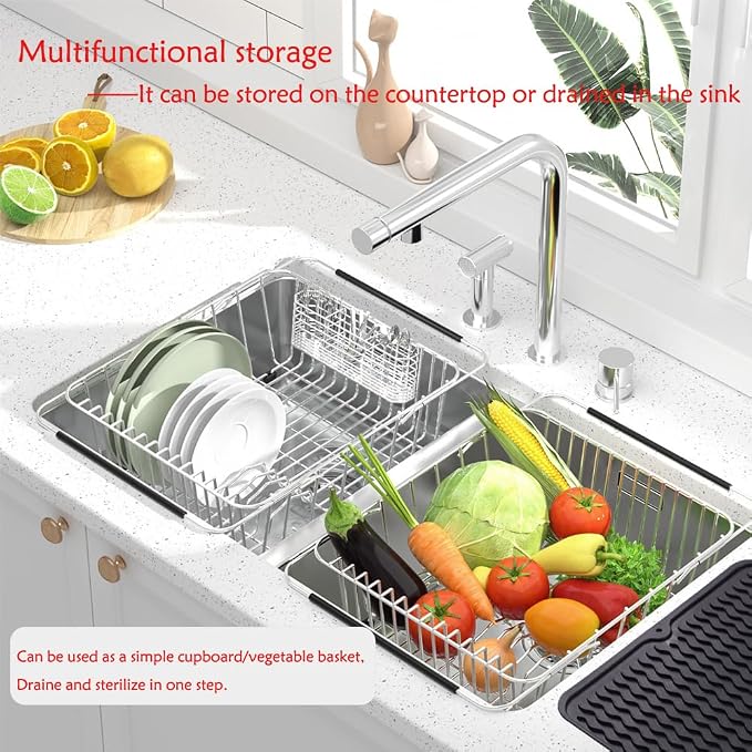 NiuYichee Stainless Steel Dish Drying Rack, Expandable Fruit & Vegetable Drain - Image 4