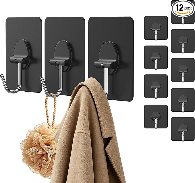 Adhesive Wall Hooks No Drill Black Heavy Duty, 13LB Sticky 12 Pack | Waterproof by JINSHUNFA