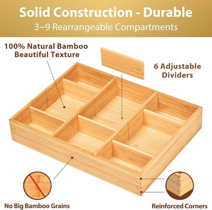 Bamboo Desk Drawer Organizer, Wood Junk Organizer Tray - Image 2