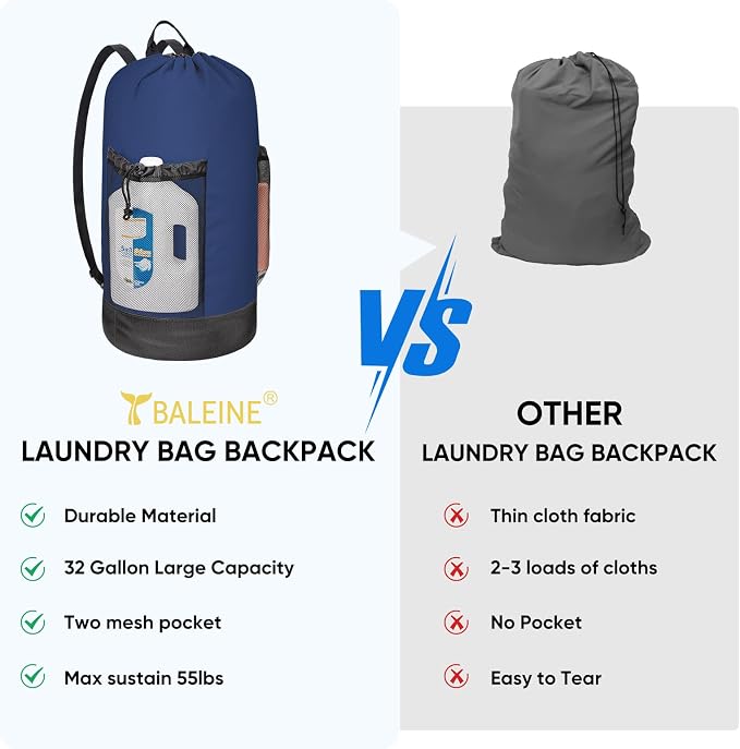 BALEINE 2PK 120L Laundry Bag Backpack, 900D Oxford Fabric Large Travel Laundry - Image 6