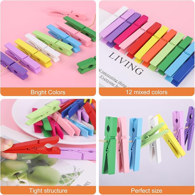 Colored Clothes pins 12 Color, Colorful ClothesPins Wooden Clips - Image 2