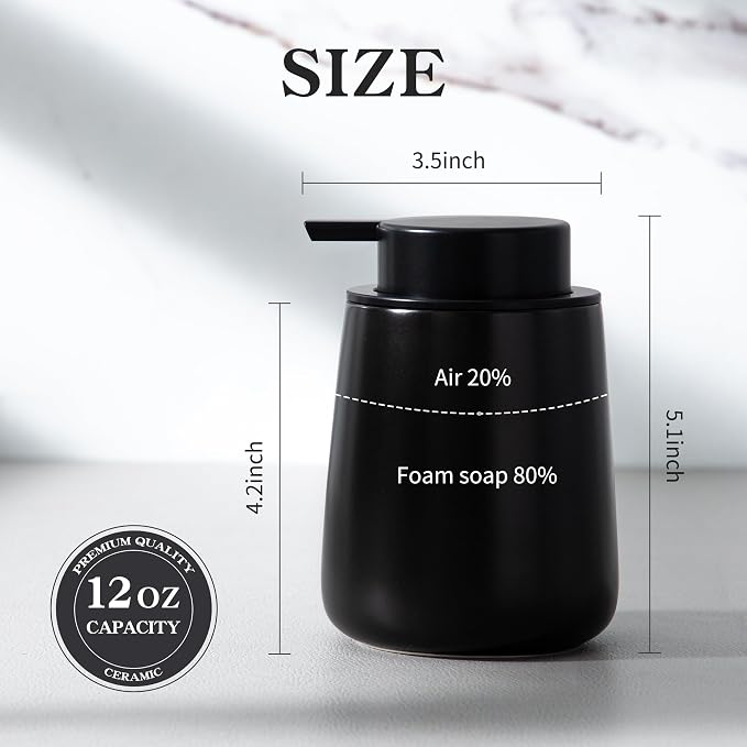 Enra Black Foaming Soap Dispenser, Ceramic Foam Soap Dispenser Bathroom | 12oz - Image 5