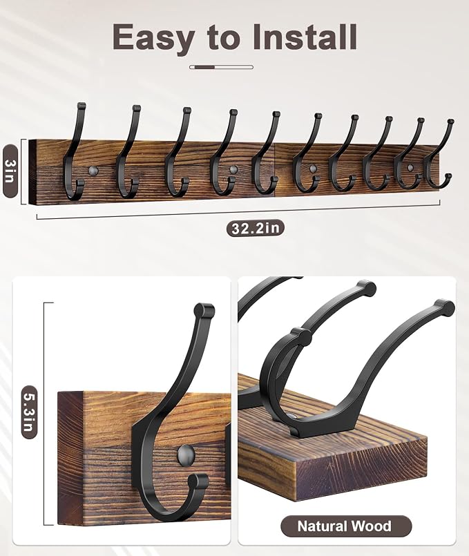 Optish 2 Pack Wooden Coat Rack Wall Mount, 16.1" Rustic Coat Hanger Hooks - Image 2