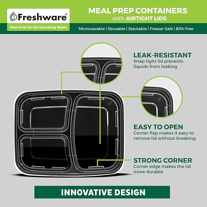 Freshware Meal Prep Containers 3 Compartment Food Containers - Image 5