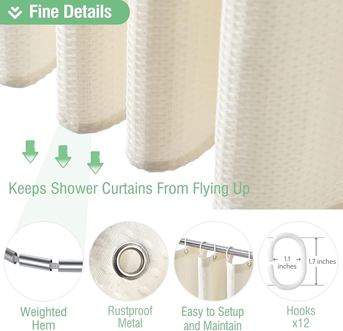 Dynamene Long Waffle Shower Curtain 256 GSM Heavy Fabric 72x78 Cream/Ivory - Image 5
