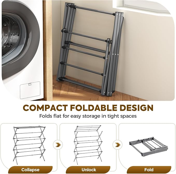 KINGBOARD 3-Tier Extendable Clothes Drying Rack, Small & Foldable, Space-Saving - Image 6
