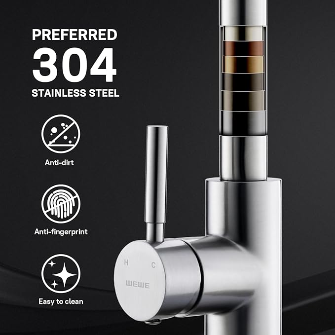 WEWE High-Arc Pull-Down Kitchen Faucet, Brushed Nickel, 3-Mode Sprayer | Soft - Image 5