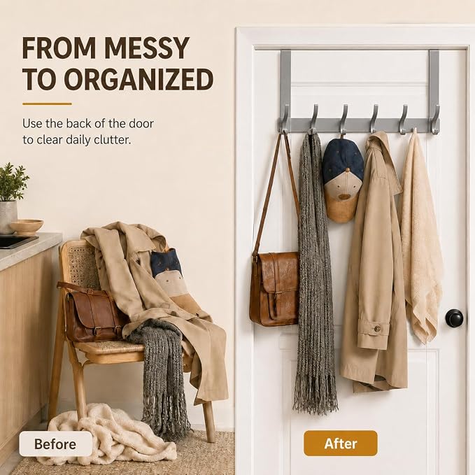 Peasulin Over The Door Hooks, 1 Pack Grey Door Hanger Rack | - Image 7