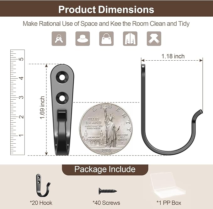 BREYDROK 20Pack Towel Hooks for Bathroom, Heavy Duty Black Metal Wall Hooks | - Image 3