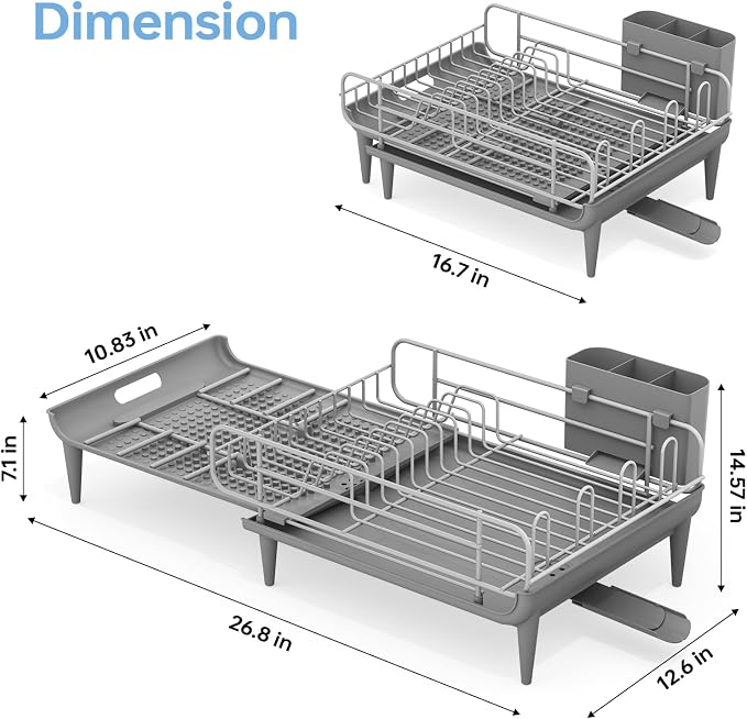 TOOLF Large Dish Rack for Kitchen Counter, 16.7-26.8in, Stainless Steel - Image 3