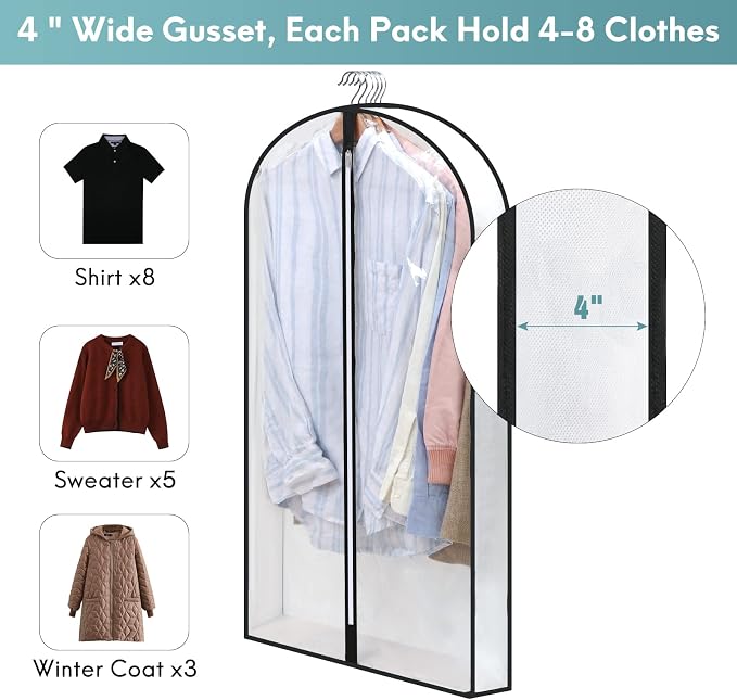 50" Clear Garment Bags for Hanging Clothes W/ 4" Gussetes, 4 Packs Suit Bags - Image 2
