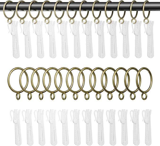 1.25 Inch Curtain Rings with Hooks, 24 Pack Bronze Metal Drapery Rings with by GASRONS