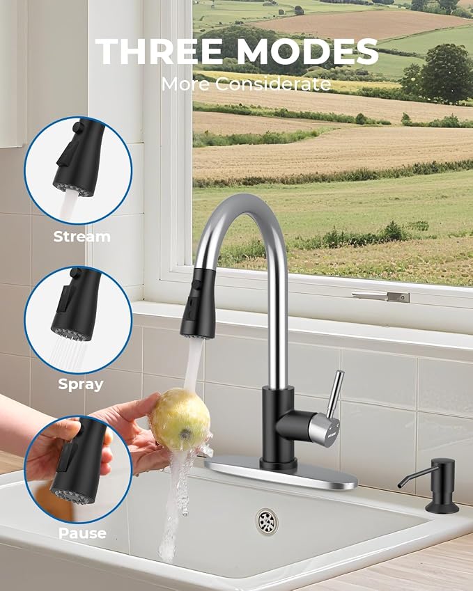 WEWE Kitchen Faucet with Soap Dispenser Set, 360° Swivel, SUS 304, 1- or 3-Hole - Image 4