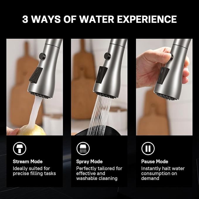 WEWE High-Arc Pull-Down Kitchen Faucet, Brushed Nickel, 3-Mode Sprayer | Soft - Image 4
