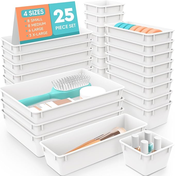 SpaceHacks 25 PCS Plastic Drawer Organizer, 4-Size Versatile Organizer Trays & by SpaceHacks